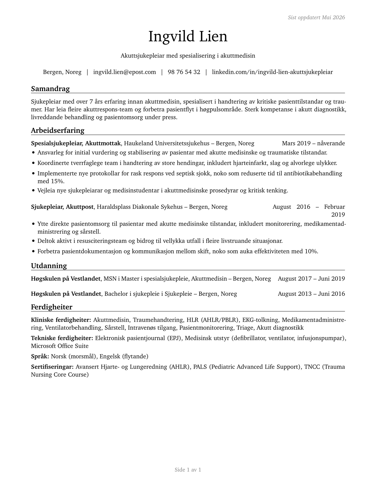Acute Care Nurses CV in Norwegian_nynorsk — page 1