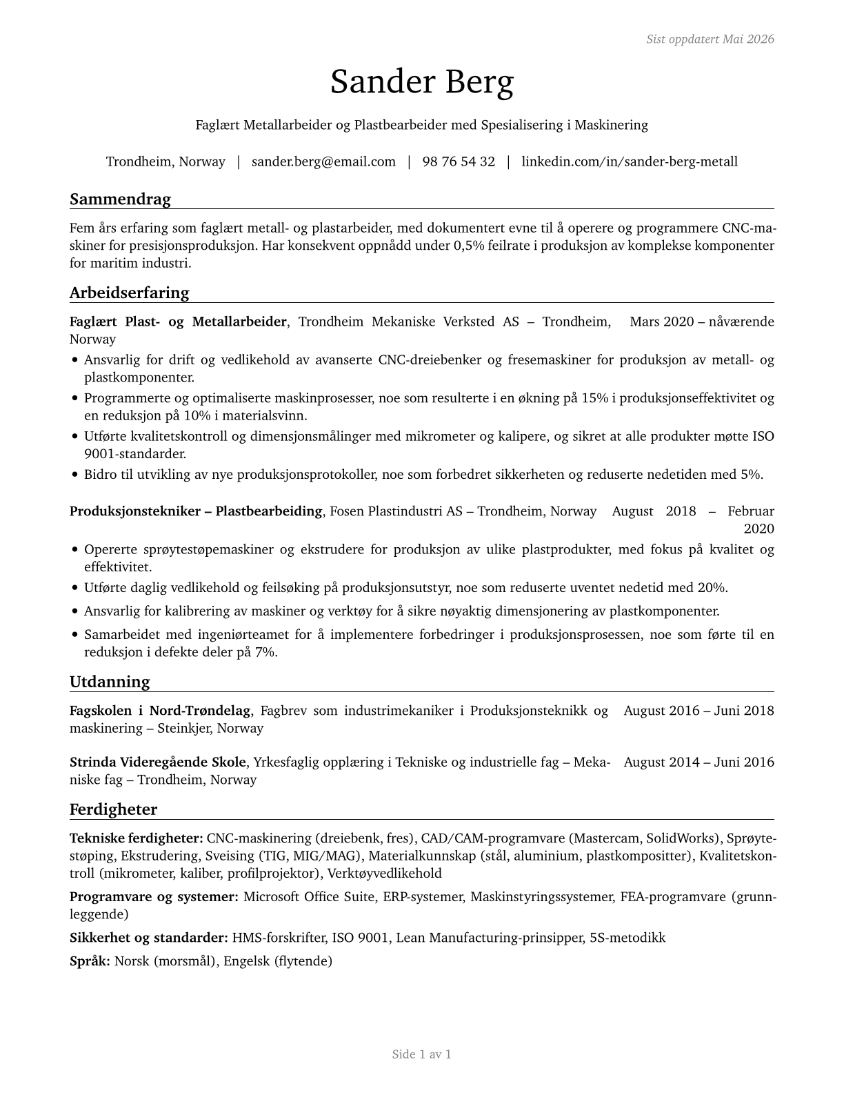 Metal Workers and Plastic Workers, All Other CV in Norwegian_bokmal — page 1