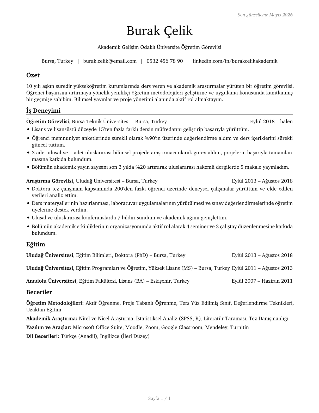 Education Teachers, Postsecondary CV in Turkish — page 1