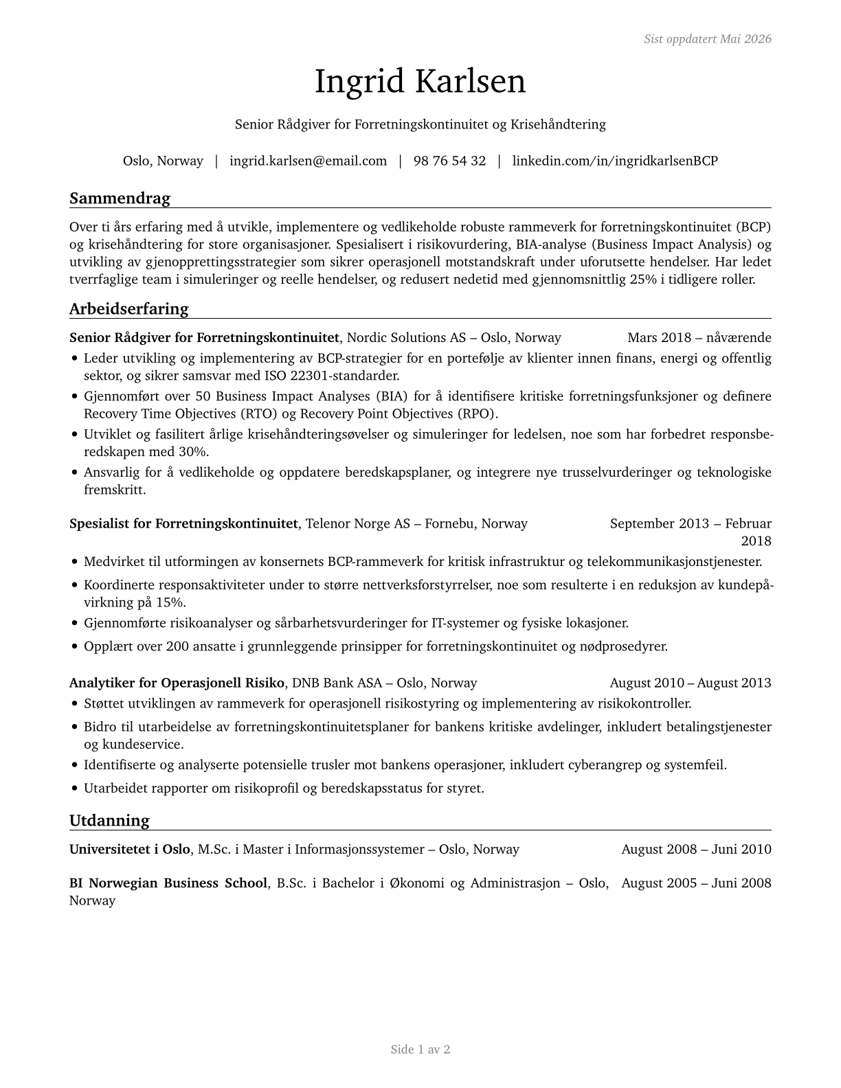 Business Continuity Planners CV in Norwegian_bokmal — page 1