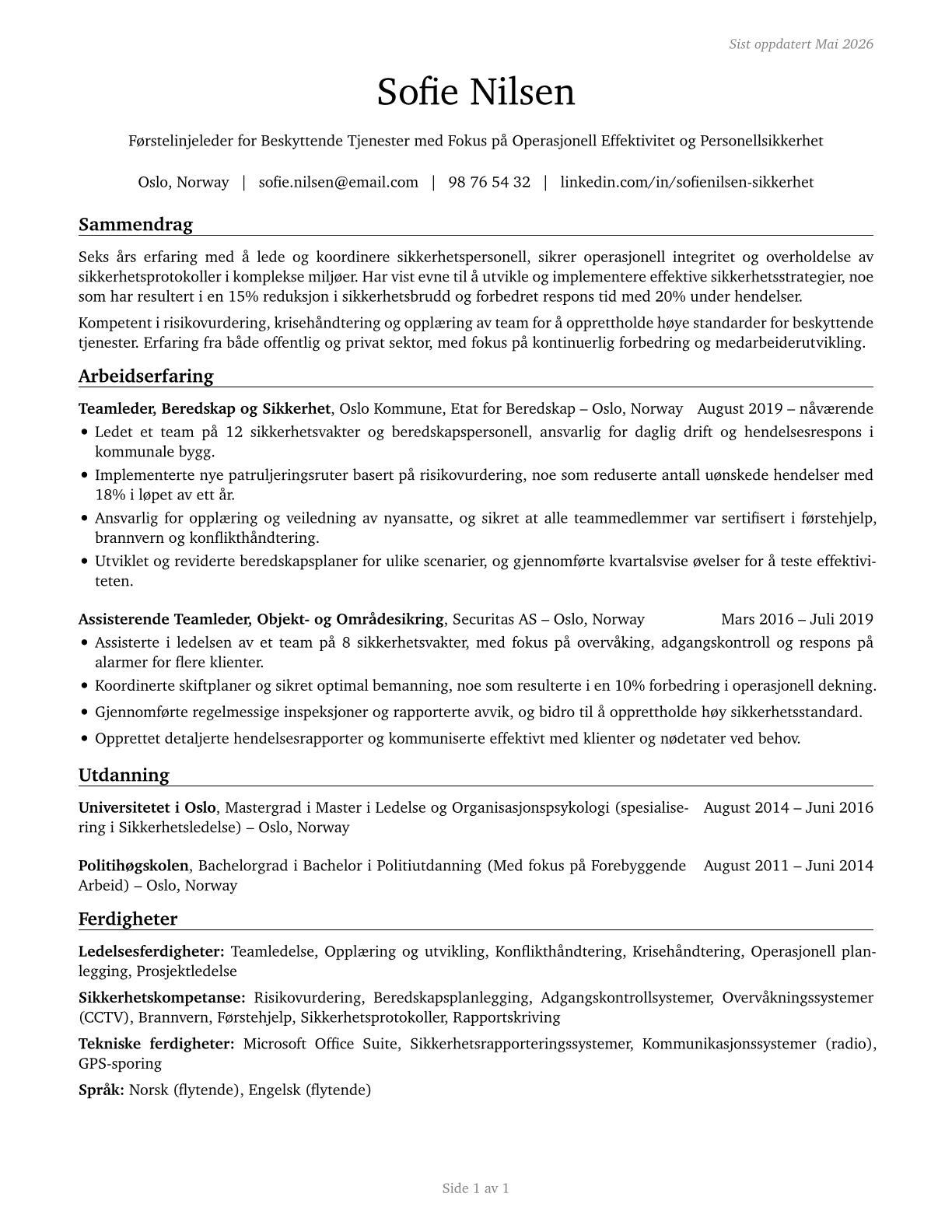 First-Line Supervisors of Protective Service Workers, All Other CV in Norwegian_bokmal — page 1