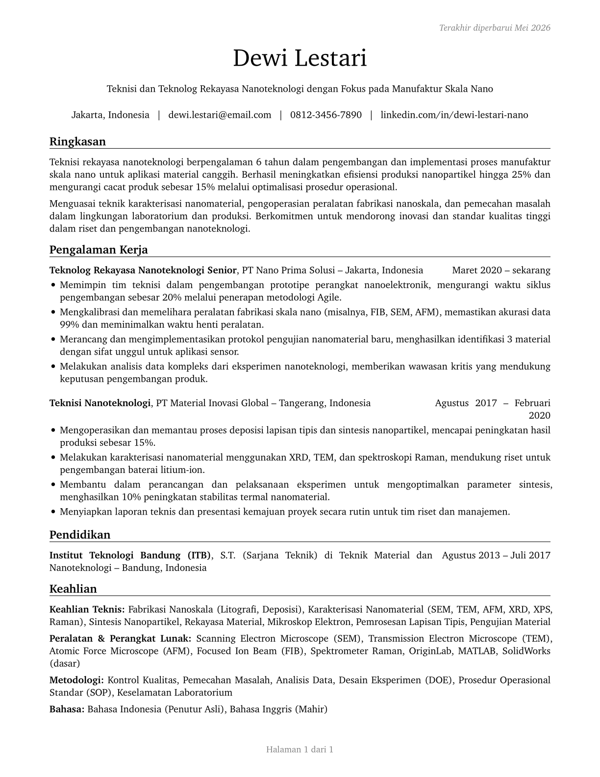 Nanotechnology Engineering Technologists and Technicians CV in Indonesian — page 1