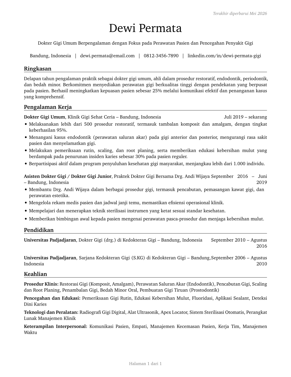 Dentists, General CV in Indonesian — page 1