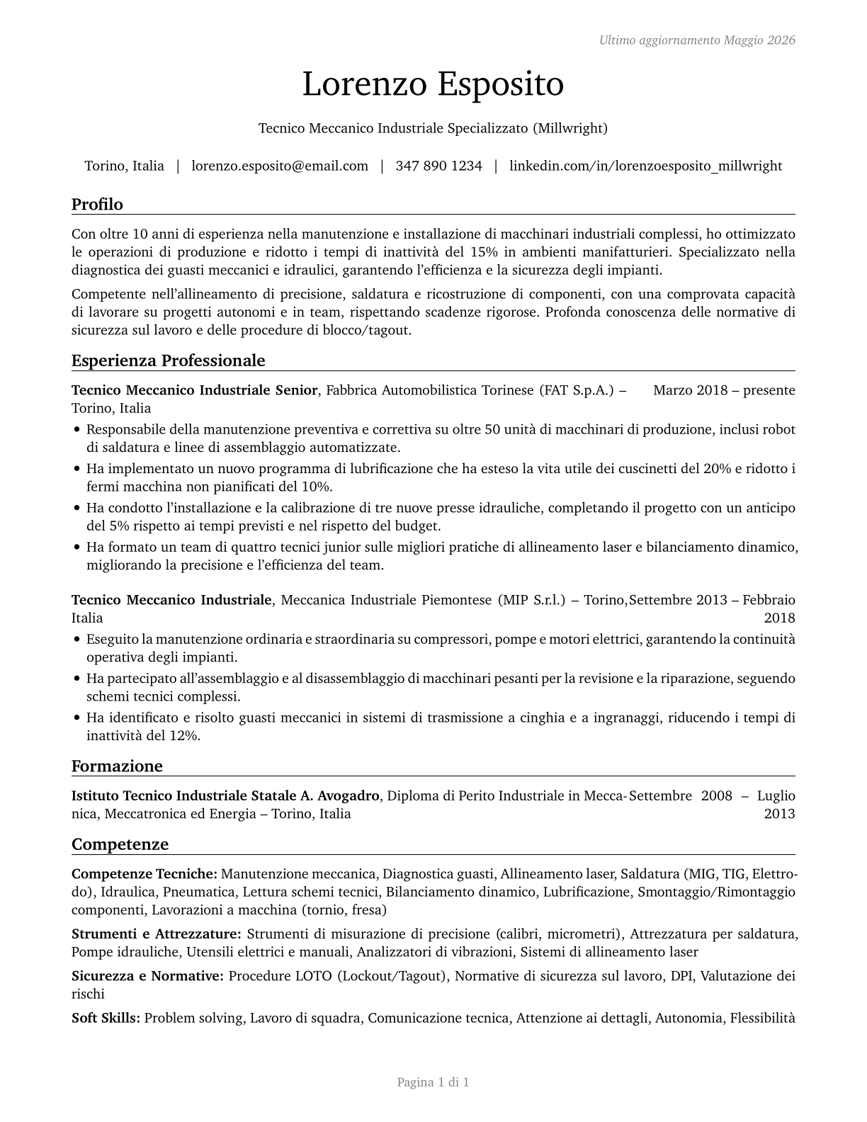 Millwrights CV in Italian — page 1