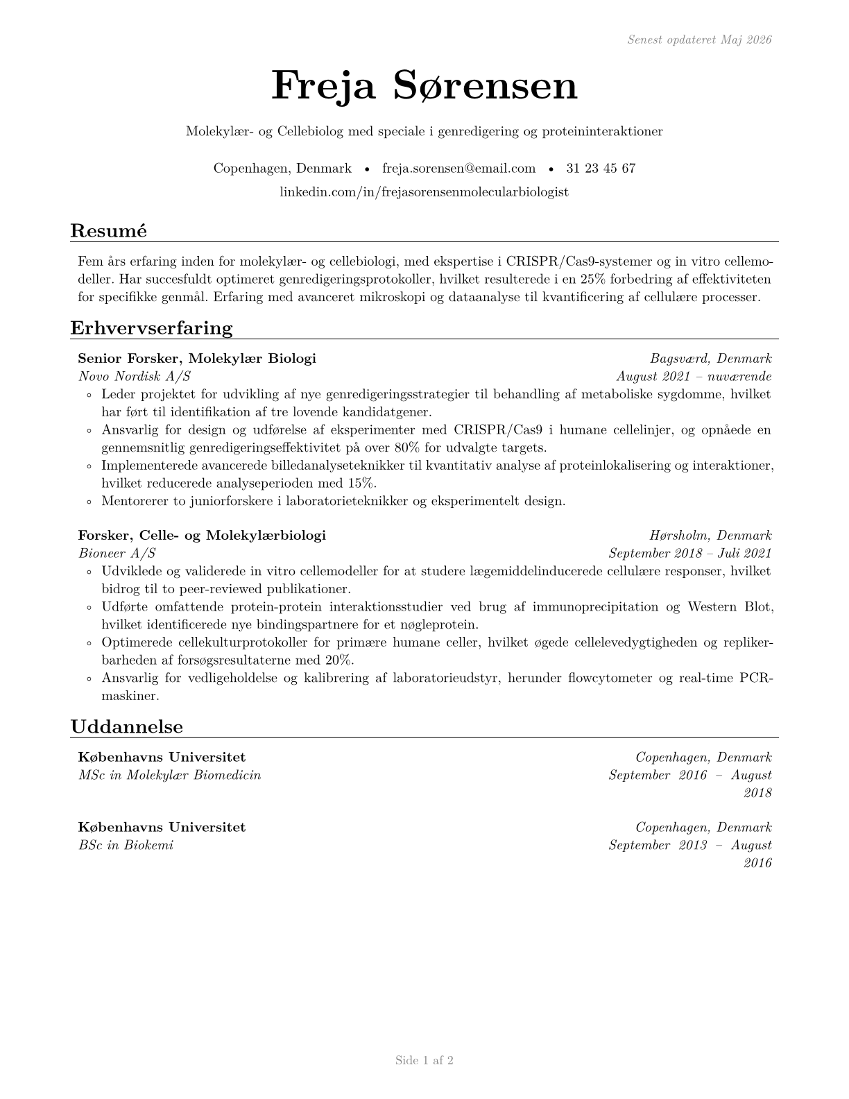 Molecular and Cellular Biologists CV in Danish — page 1