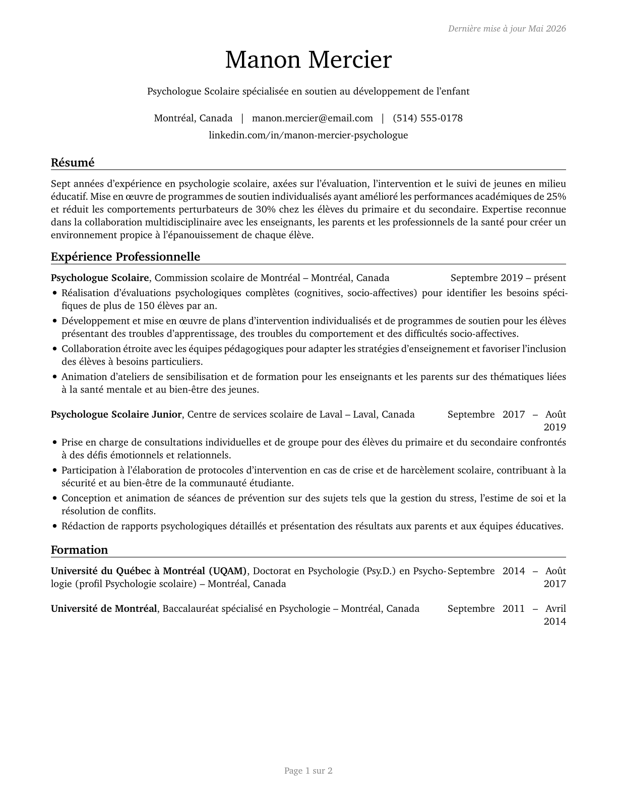 School Psychologists CV in French — page 1