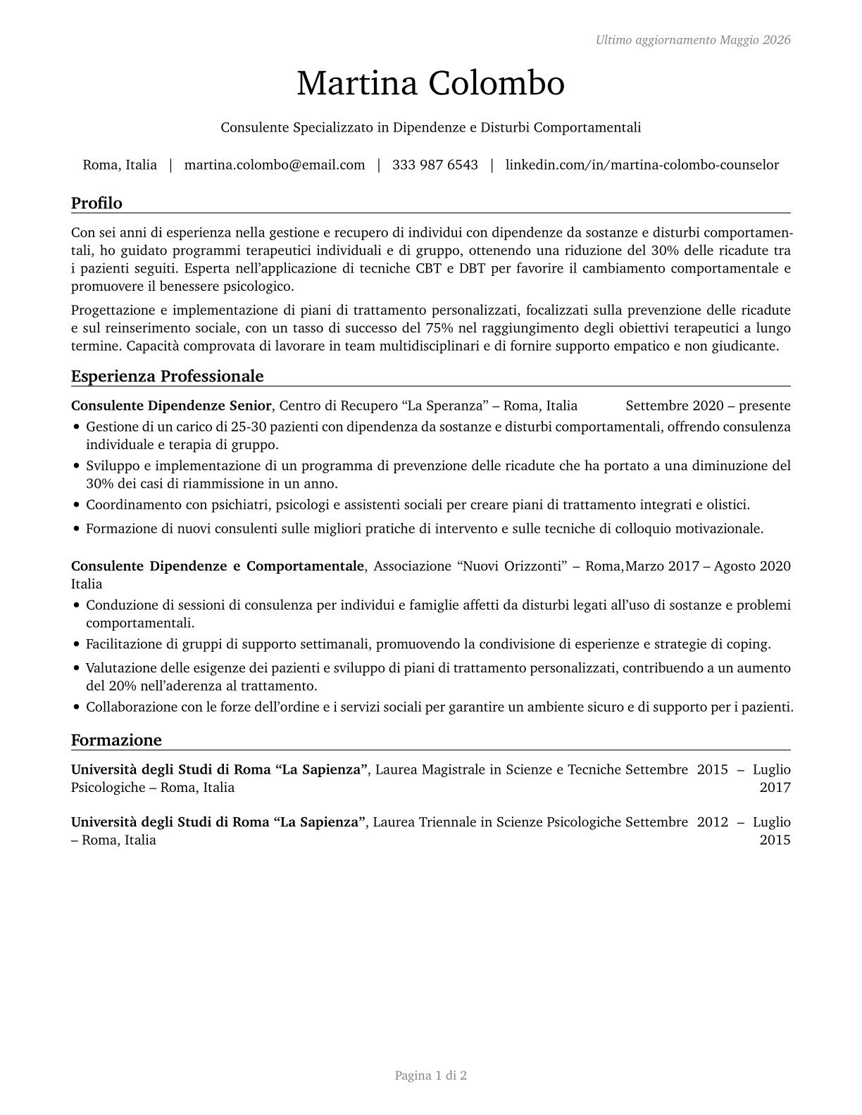 Substance Abuse and Behavioral Disorder Counselors CV in Italian — page 1