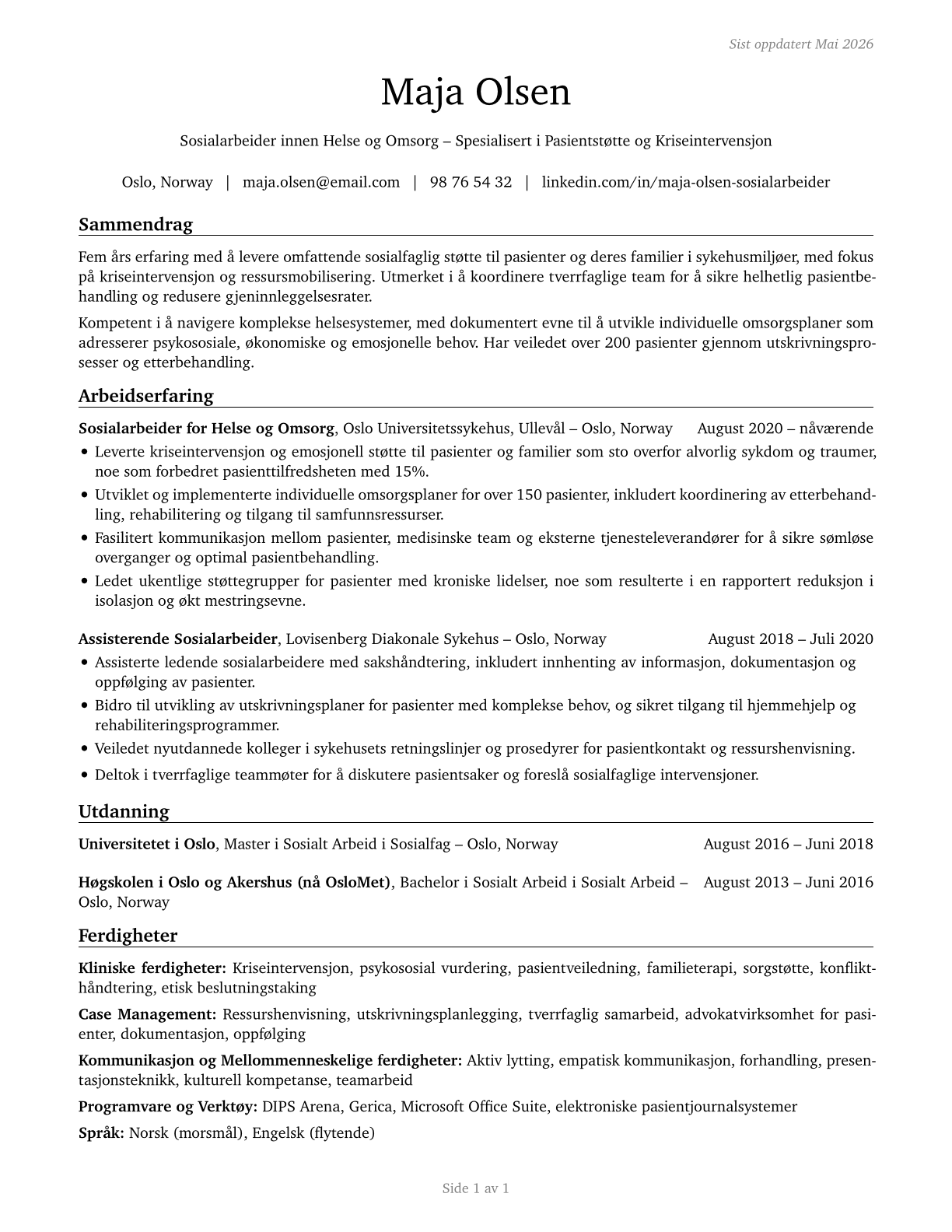 Healthcare Social Workers CV in Norwegian_bokmal — page 1
