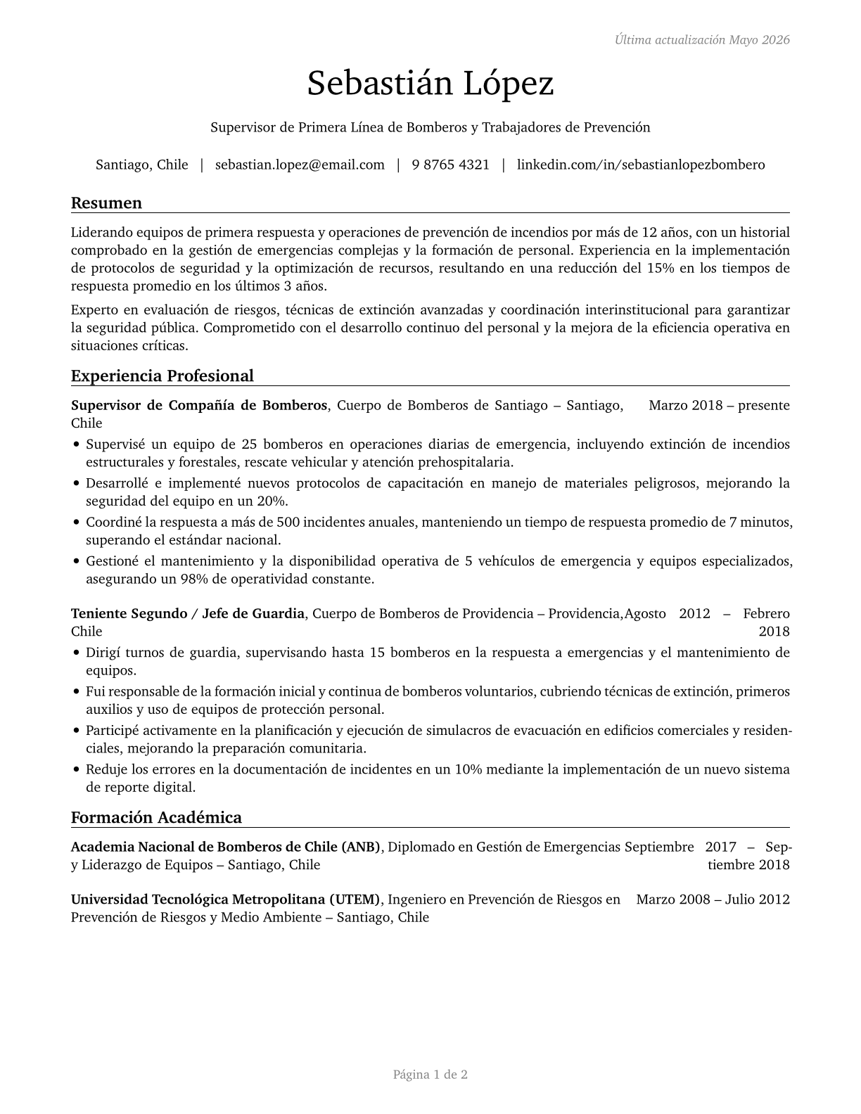 First-Line Supervisors of Firefighting and Prevention Workers CV in Spanish — page 1