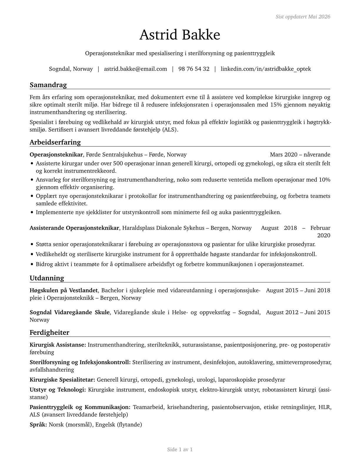 Surgical Technologists CV in Norwegian_nynorsk — page 1