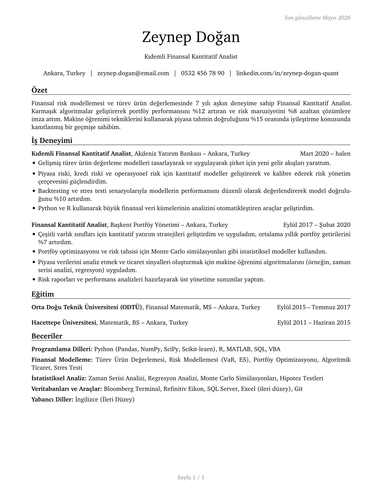 Financial Quantitative Analysts CV in Turkish — page 1