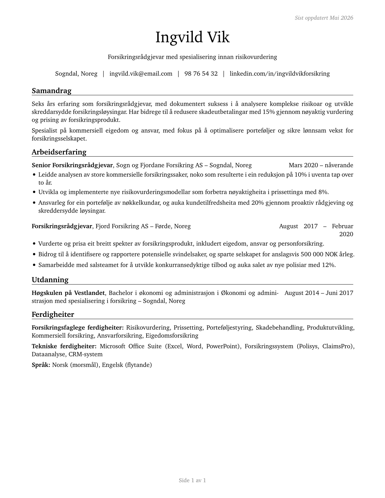 Insurance Underwriters CV in Norwegian_nynorsk — page 1
