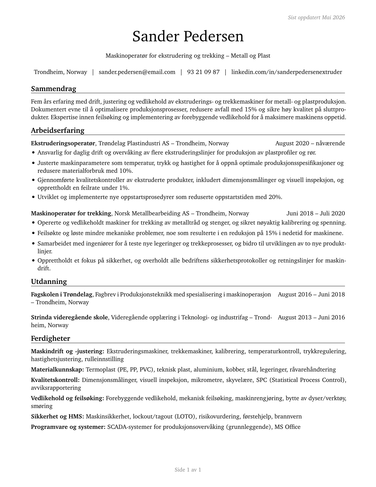 Extruding and Drawing Machine Setters, Operators, and Tenders, Metal and Plastic CV in Norwegian_bokmal — page 1