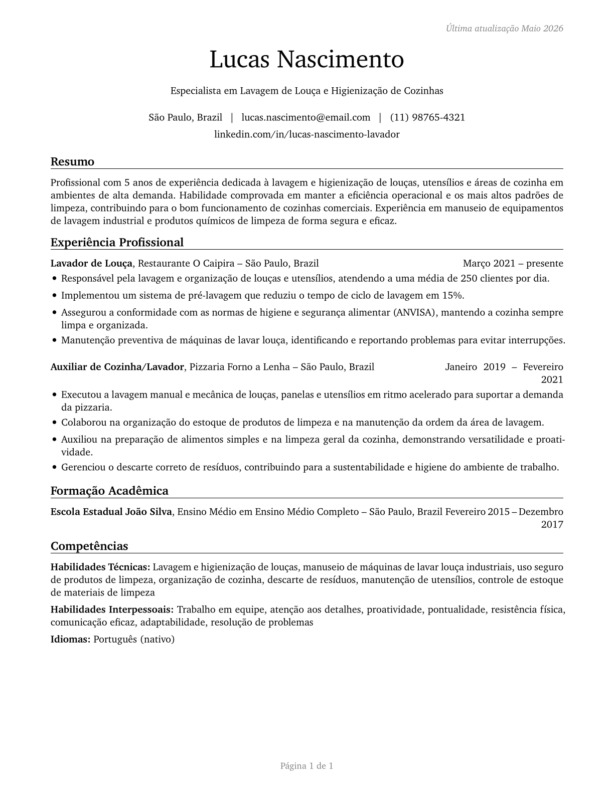 Dishwashers CV in Portuguese — page 1