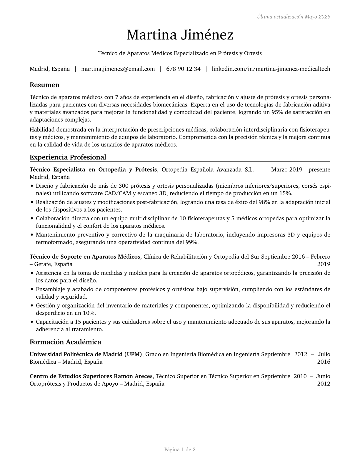 Medical Appliance Technicians CV in Spanish — page 1