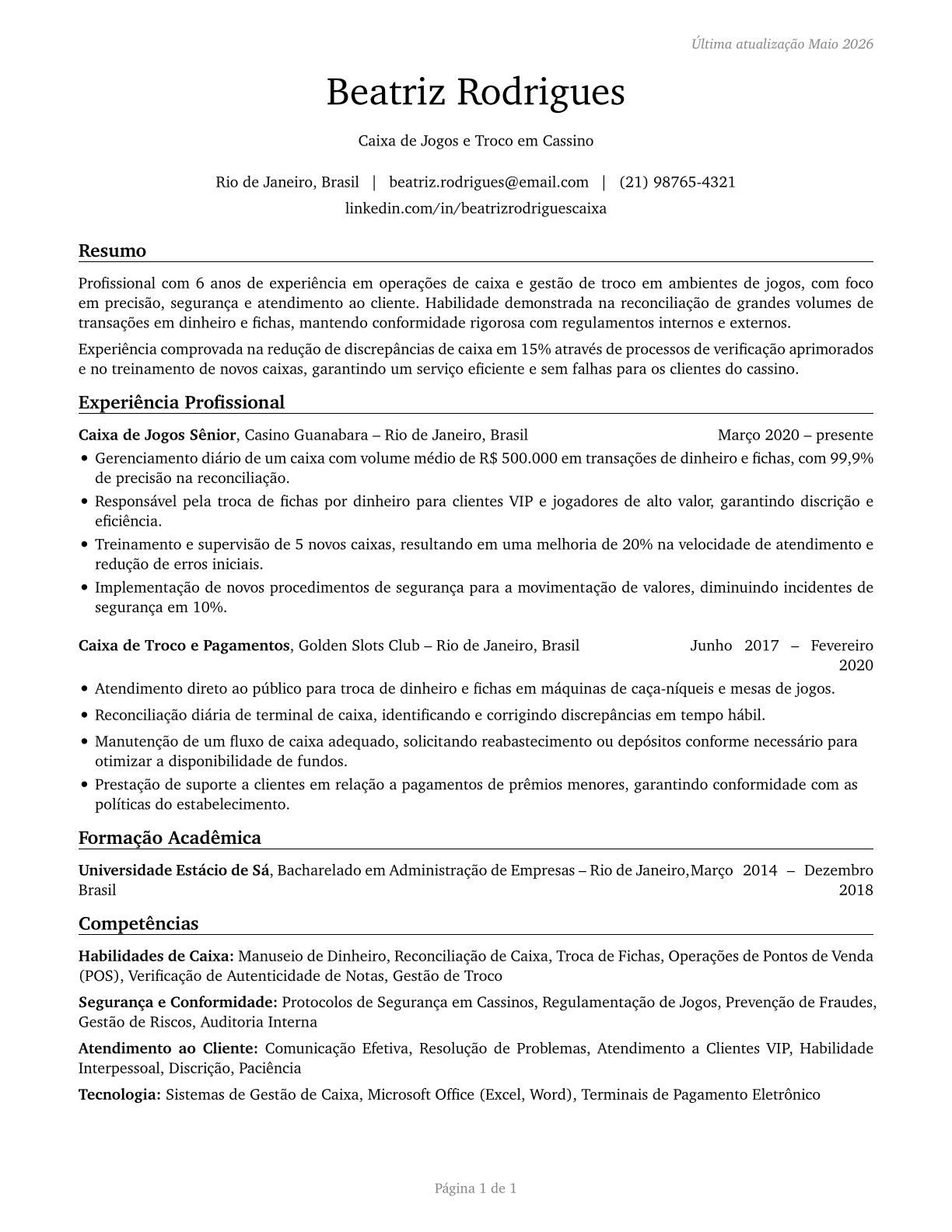 Gambling Change Persons and Booth Cashiers CV in Portuguese — page 1