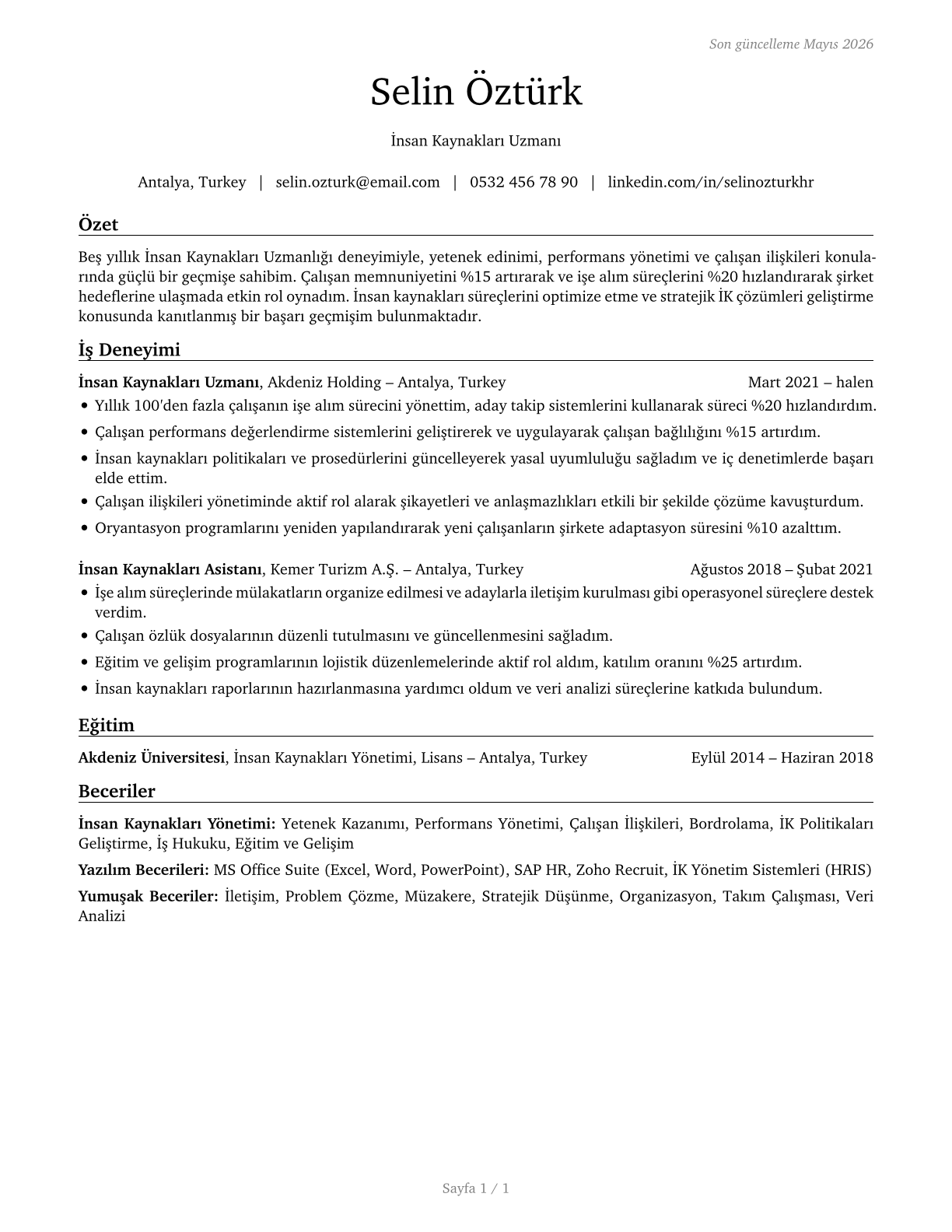 Human Resources Specialists CV in Turkish — page 1