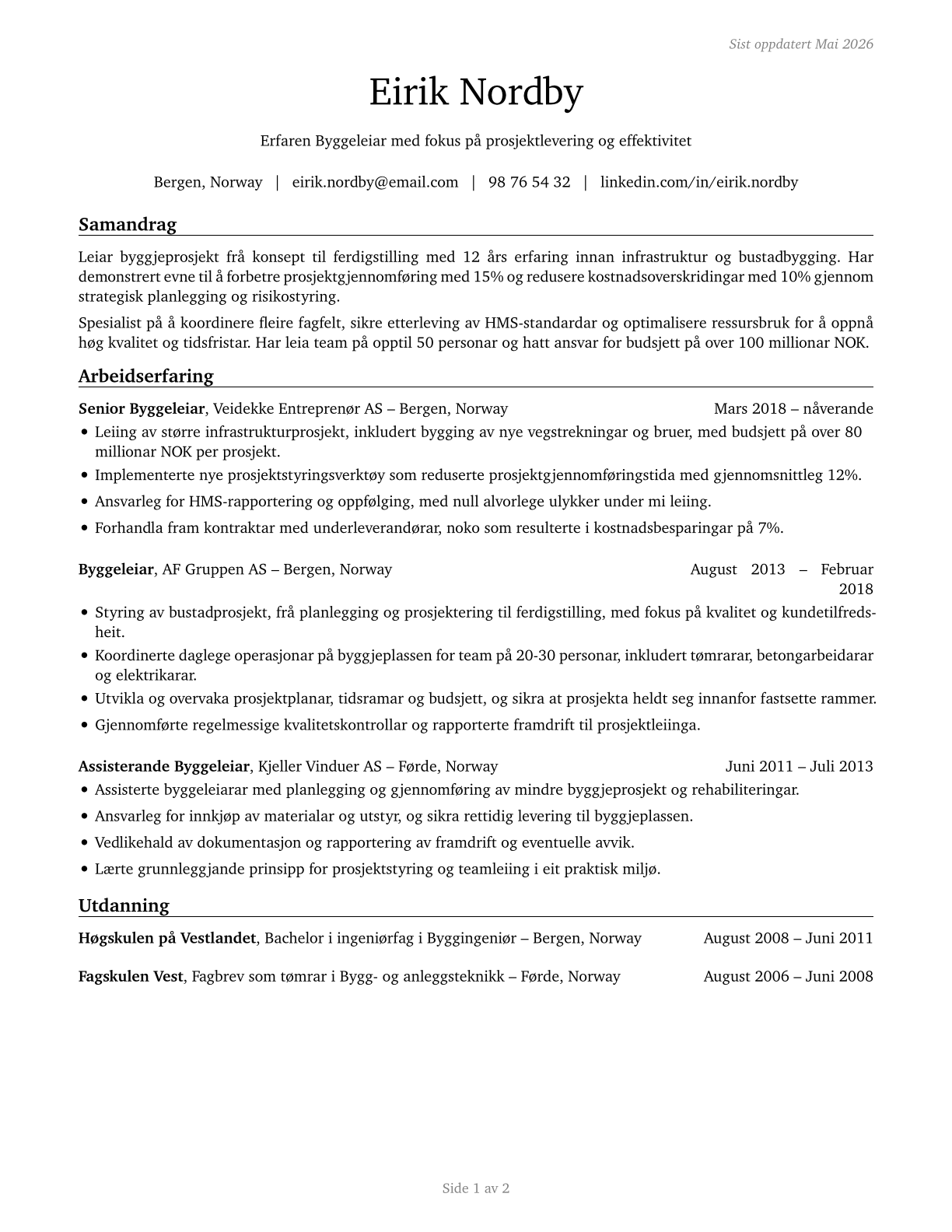Construction Managers CV in Norwegian_nynorsk — page 1