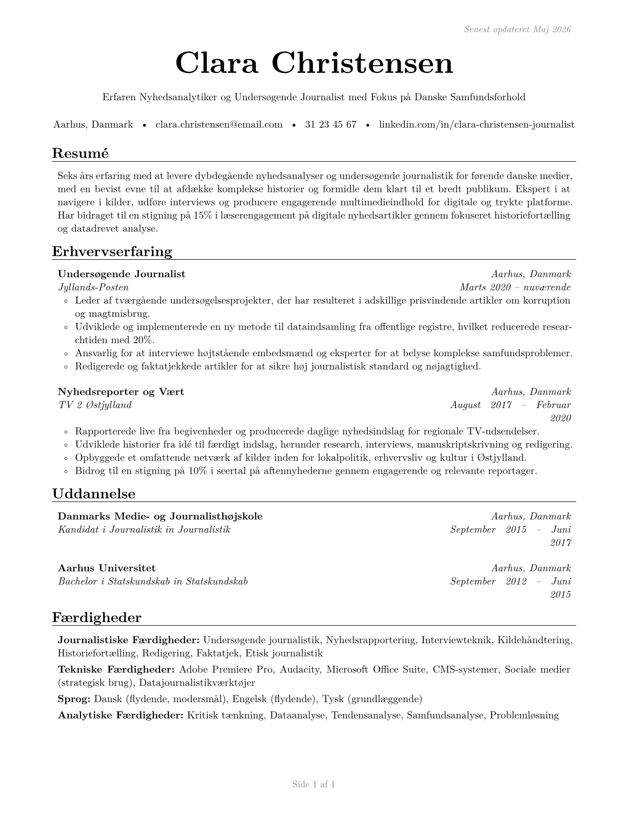 News Analysts, Reporters, and Journalists CV in Danish — page 1