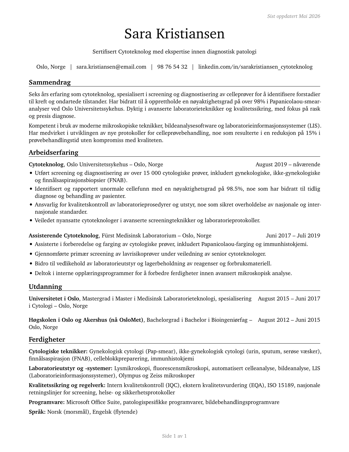 Cytotechnologists CV in Norwegian_bokmal — page 1