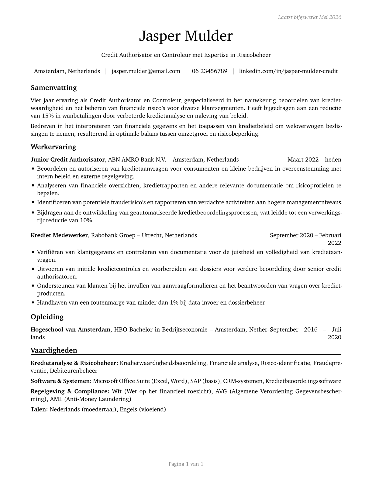 Credit Authorizers, Checkers, and Clerks CV in Dutch — page 1