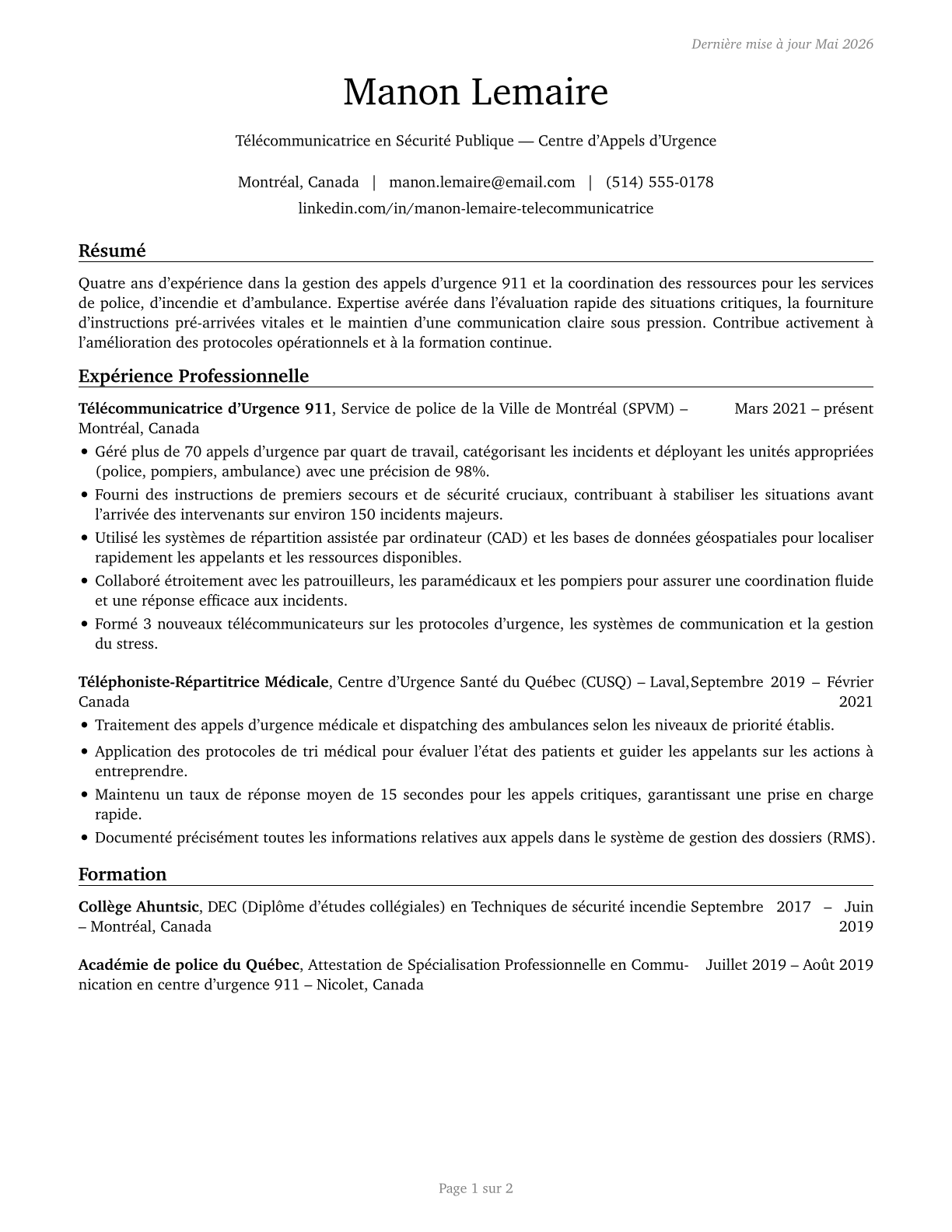 Public Safety Telecommunicators CV in French — page 1