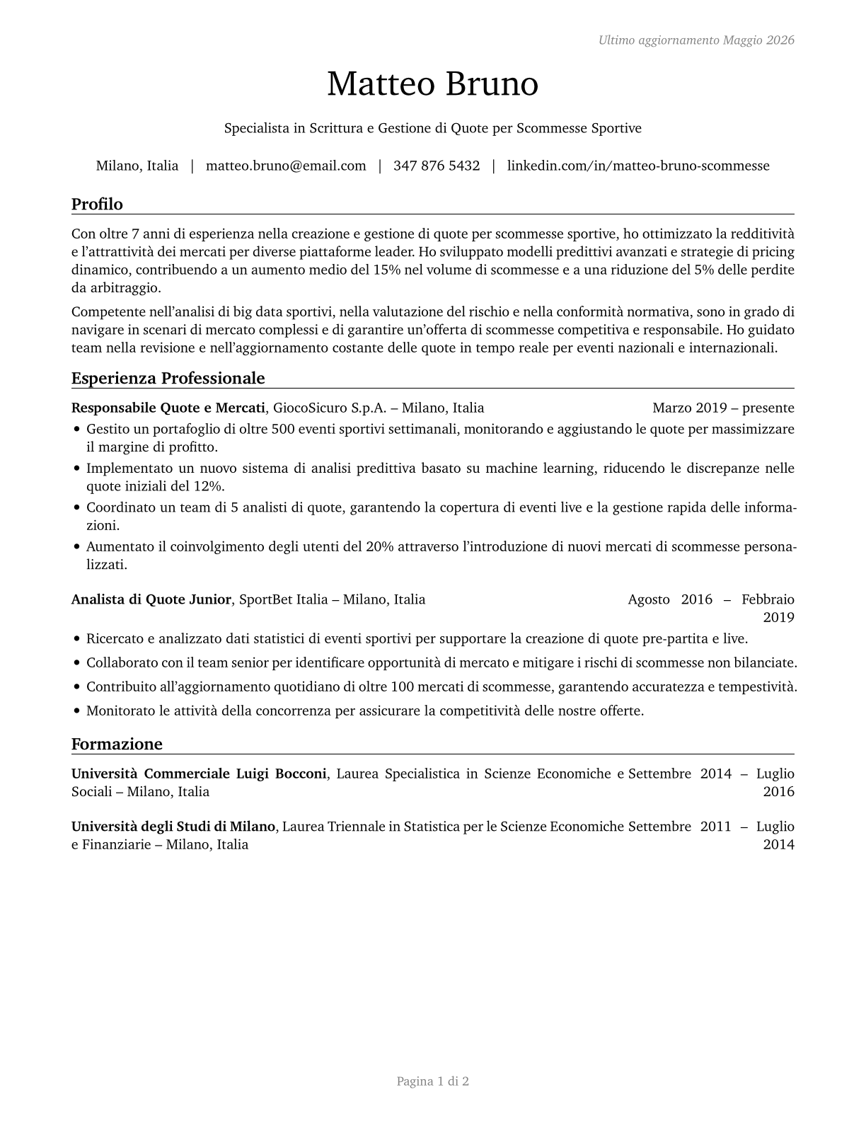 Gambling and Sports Book Writers and Runners CV in Italian — page 1