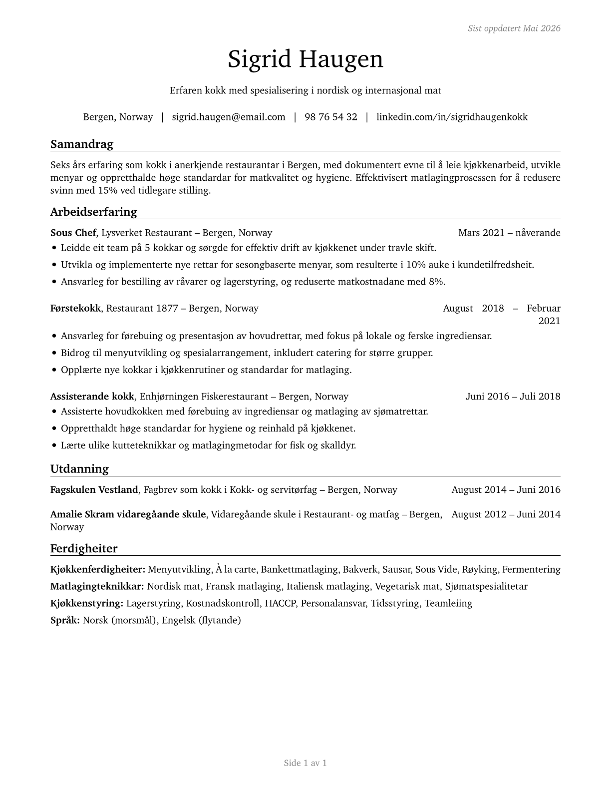 Cooks, Restaurant CV in Norwegian_nynorsk — page 1