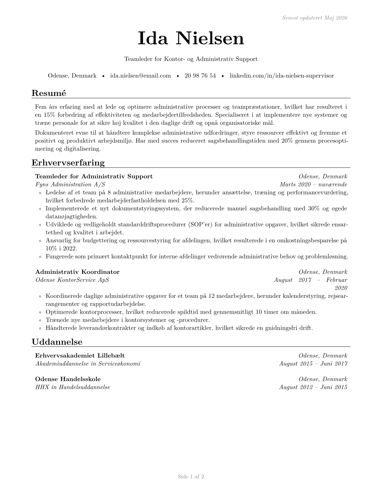First-Line Supervisors of Office and Administrative Support Workers CV in Danish — page 1