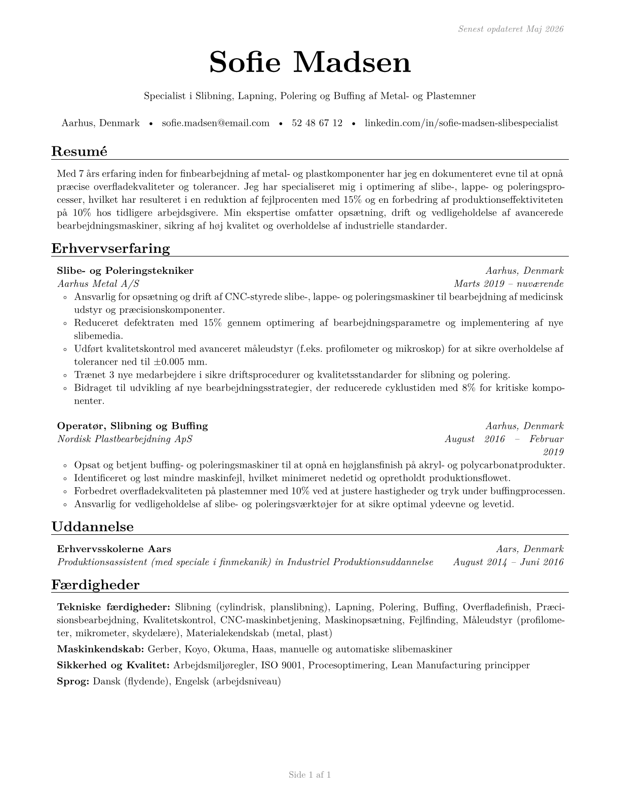 Grinding, Lapping, Polishing, and Buffing Machine Tool Setters, Operators, and Tenders, Metal and Plastic CV in Danish — page 1