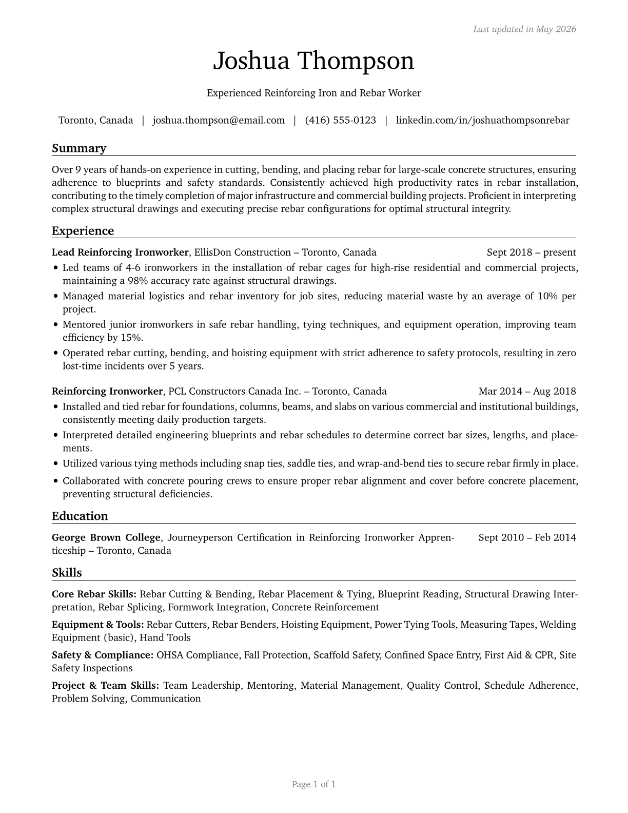 Reinforcing Iron and Rebar Workers CV in English — page 1
