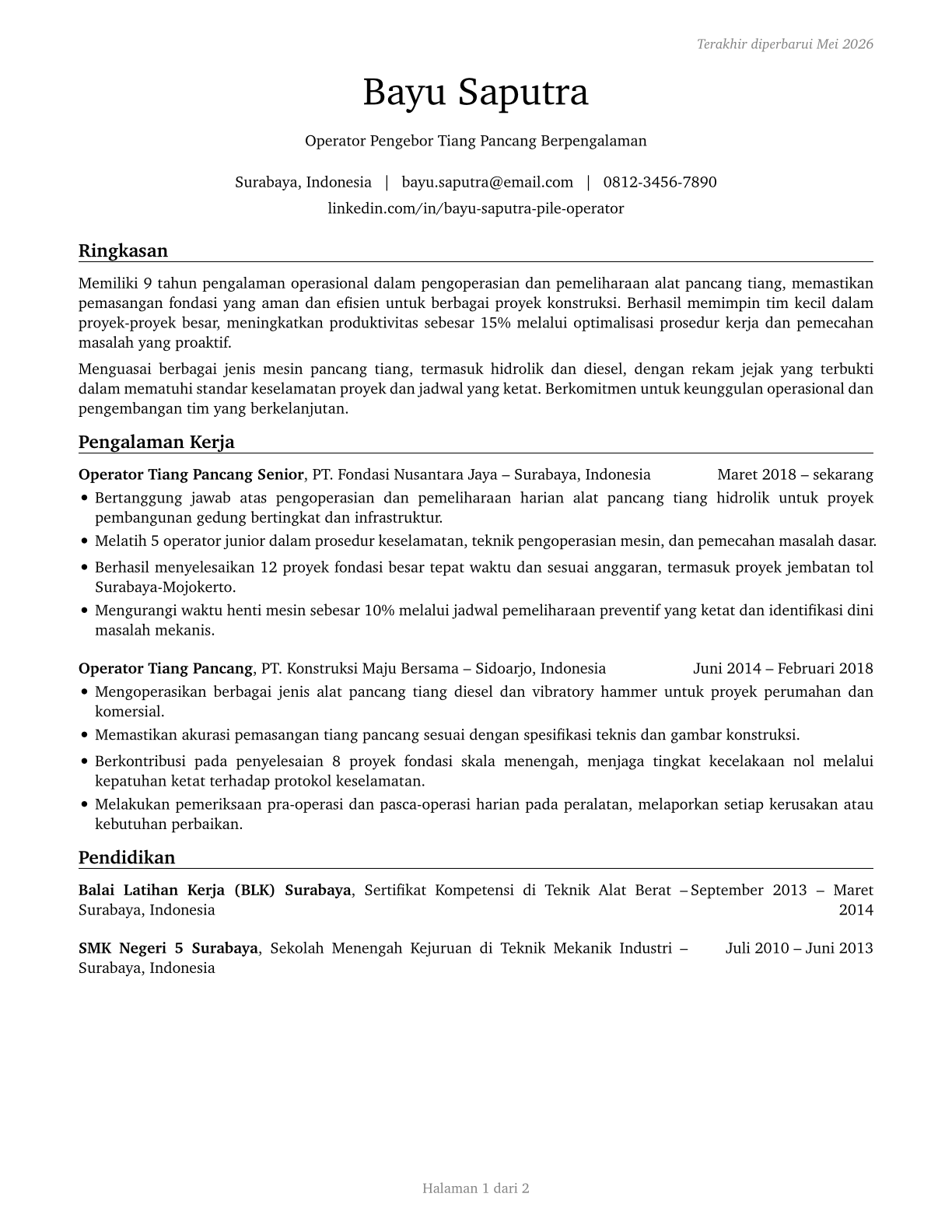 Pile Driver Operators CV in Indonesian — page 1