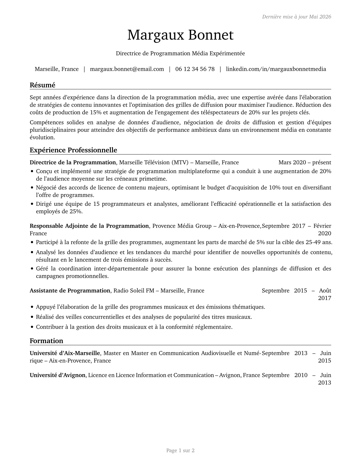 Media Programming Directors CV in French — page 1