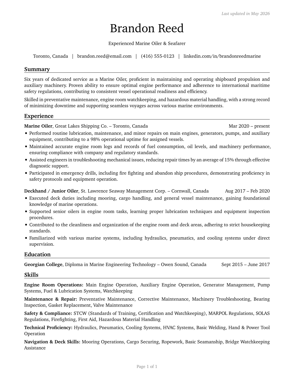 Sailors and Marine Oilers CV in English — page 1