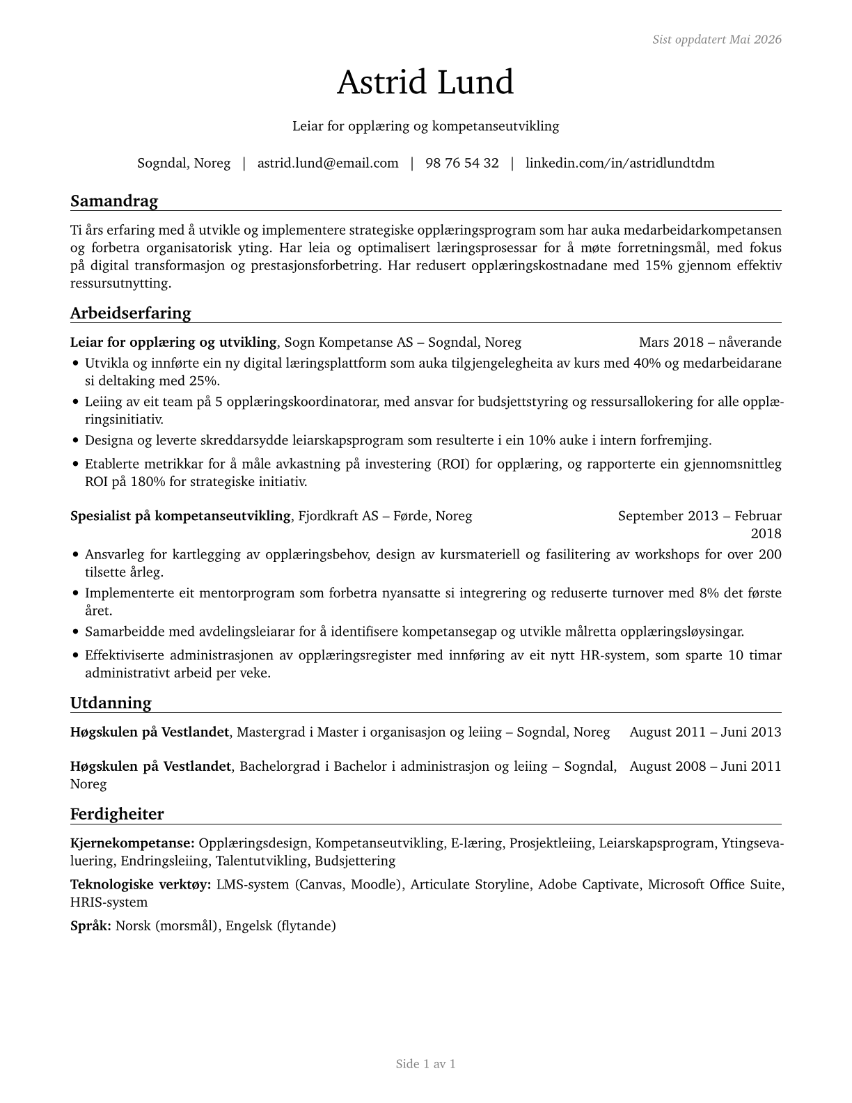 Training and Development Managers CV in Norwegian_nynorsk — page 1
