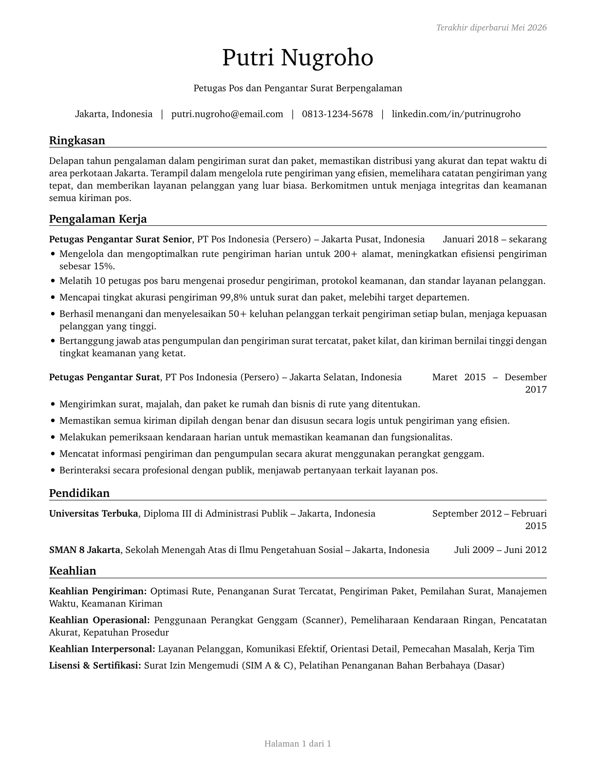 Postal Service Mail Carriers CV in Indonesian — page 1