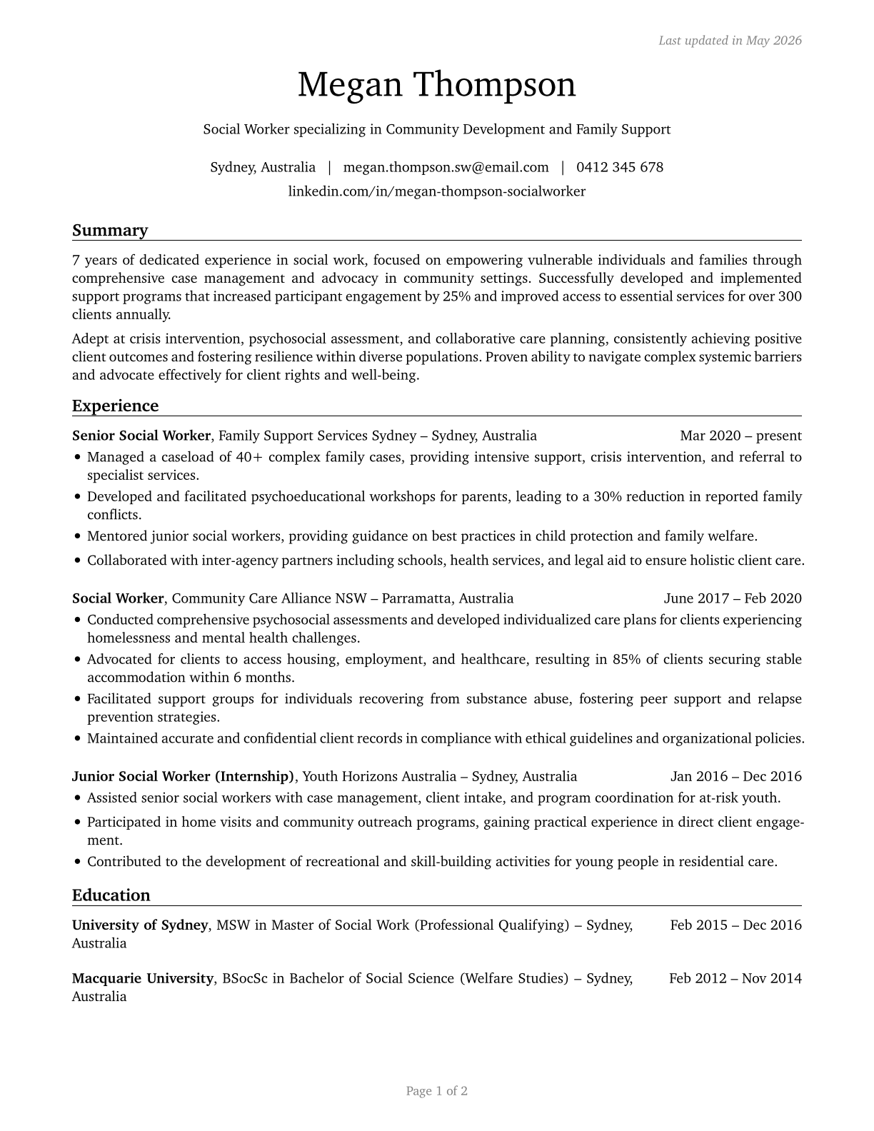 Social Workers, All Other CV in English — page 1