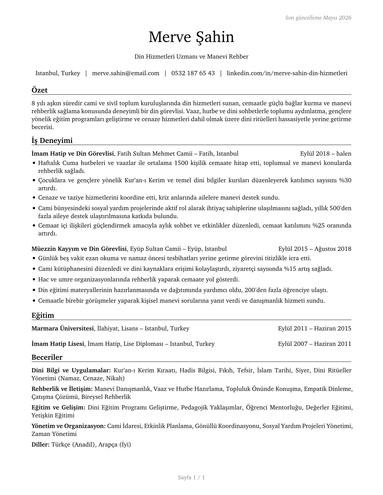 Clergy CV in Turkish — page 1