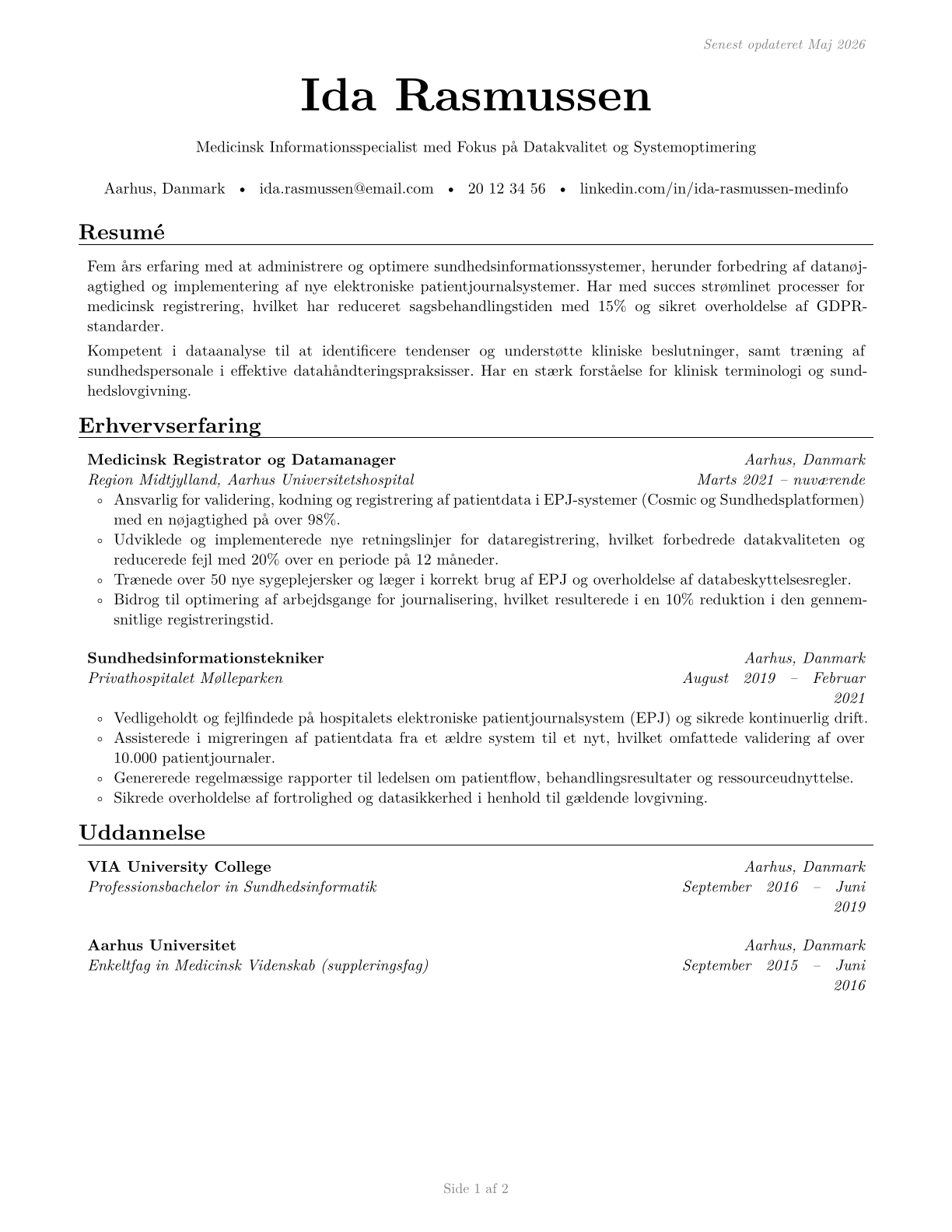 Health Information Technologists and Medical Registrars CV in Danish — page 1