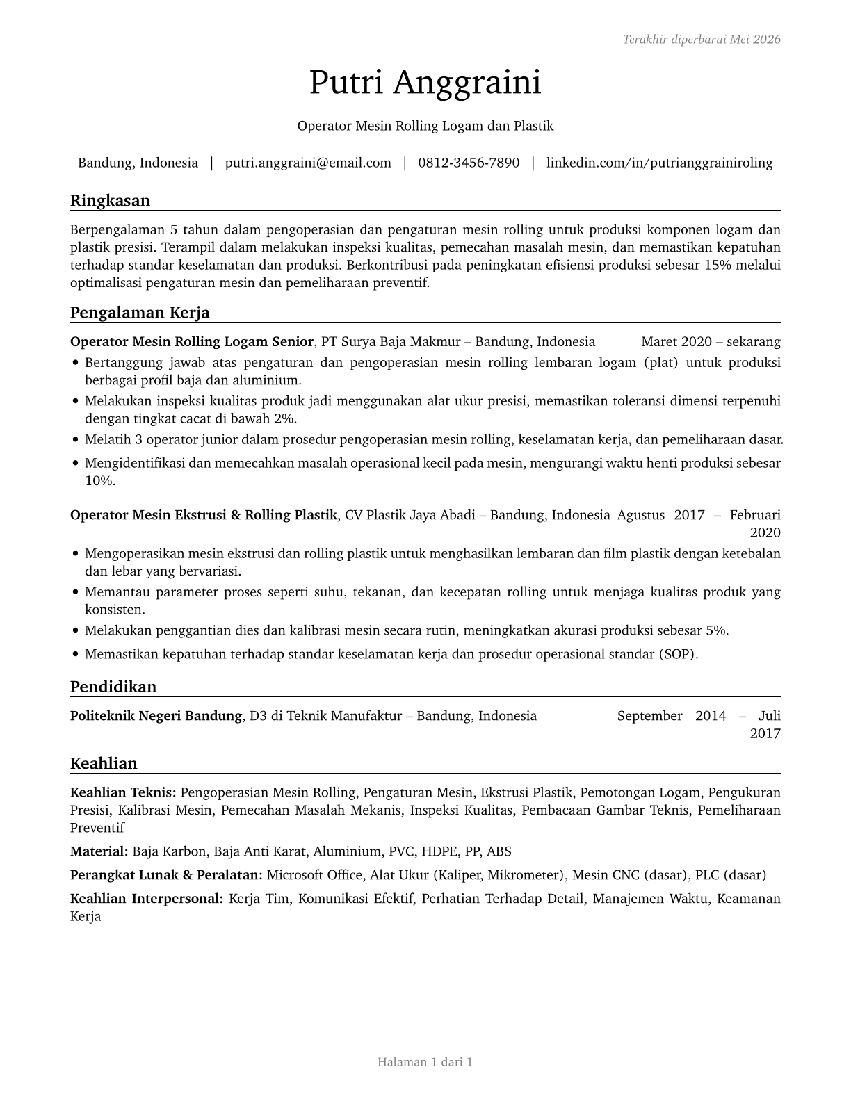 Rolling Machine Setters, Operators, and Tenders, Metal and Plastic CV in Indonesian — page 1