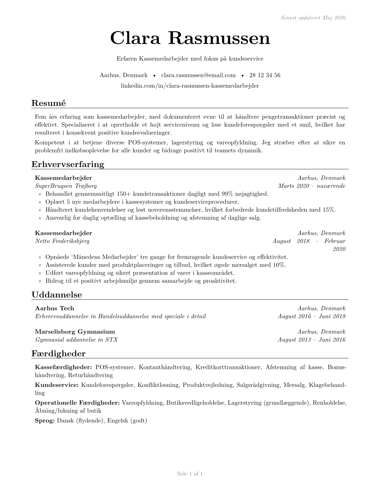 Cashiers CV in Danish — page 1