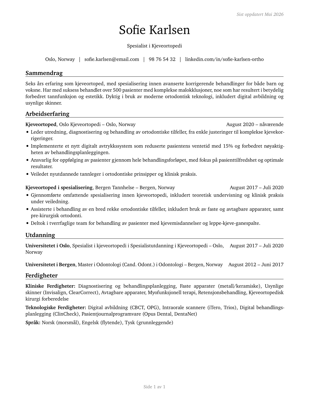 Orthodontists CV in Norwegian_bokmal — page 1