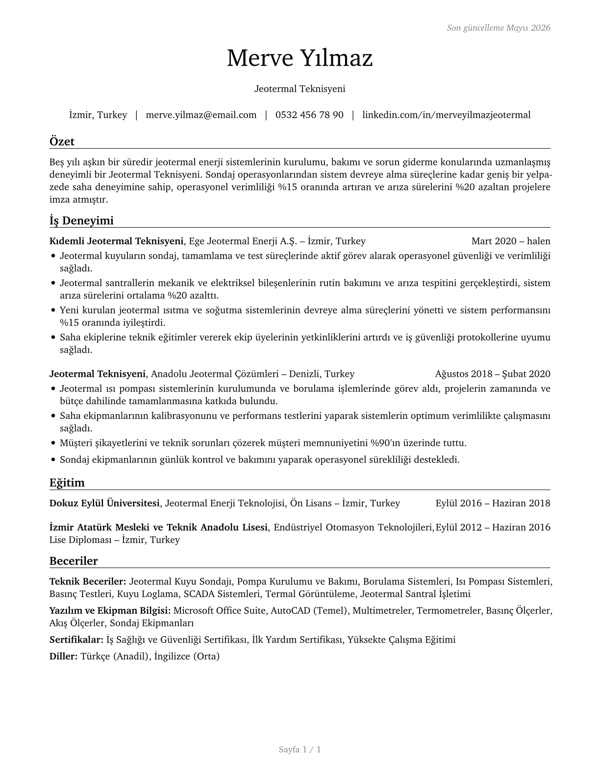 Geothermal Technicians CV in Turkish — page 1