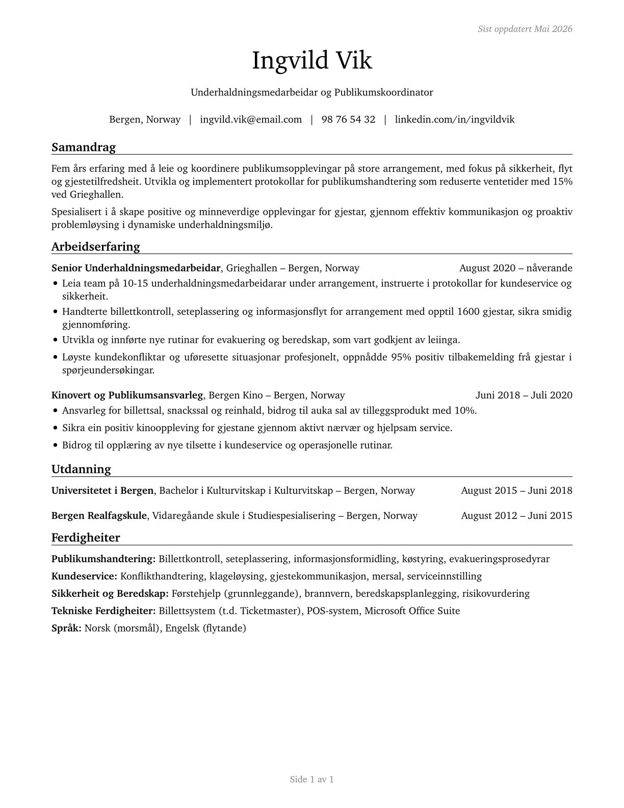 Entertainment Attendants and Related Workers, All Other CV in Norwegian_nynorsk — page 1