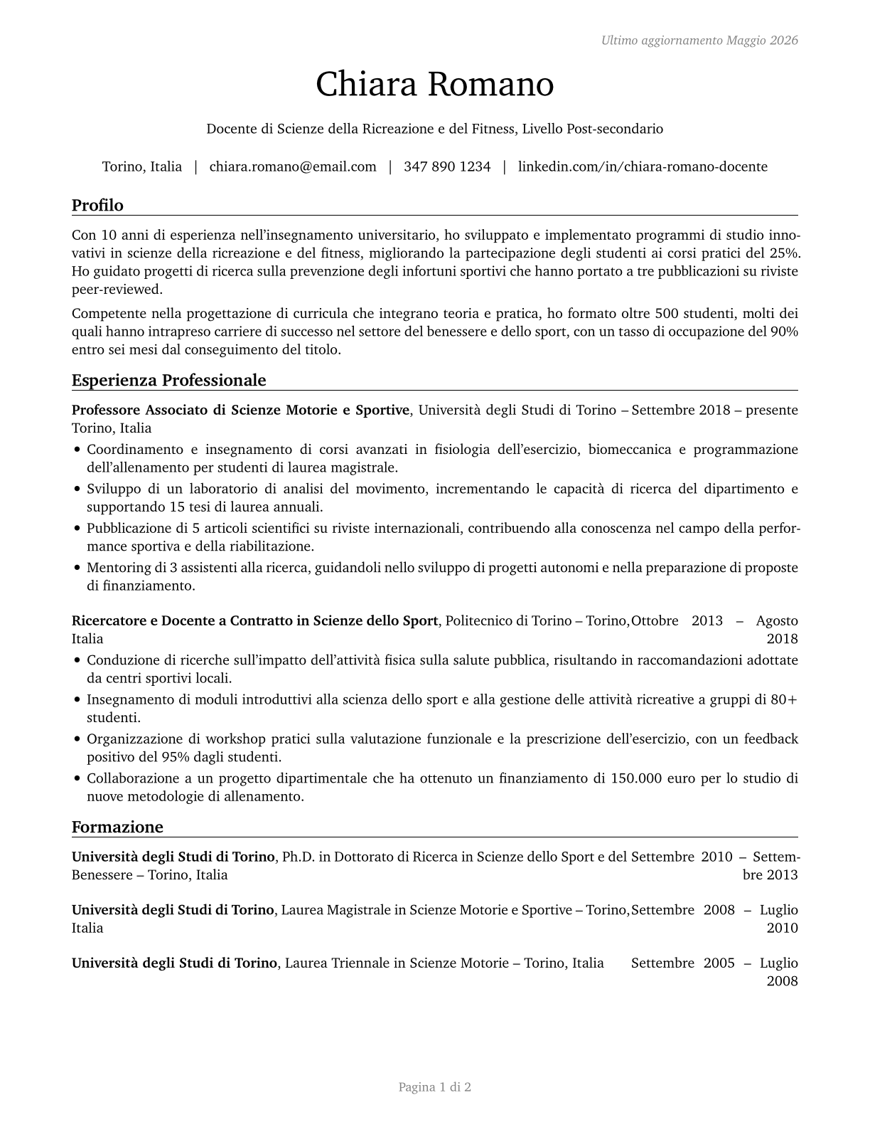 Recreation and Fitness Studies Teachers, Postsecondary CV in Italian — page 1