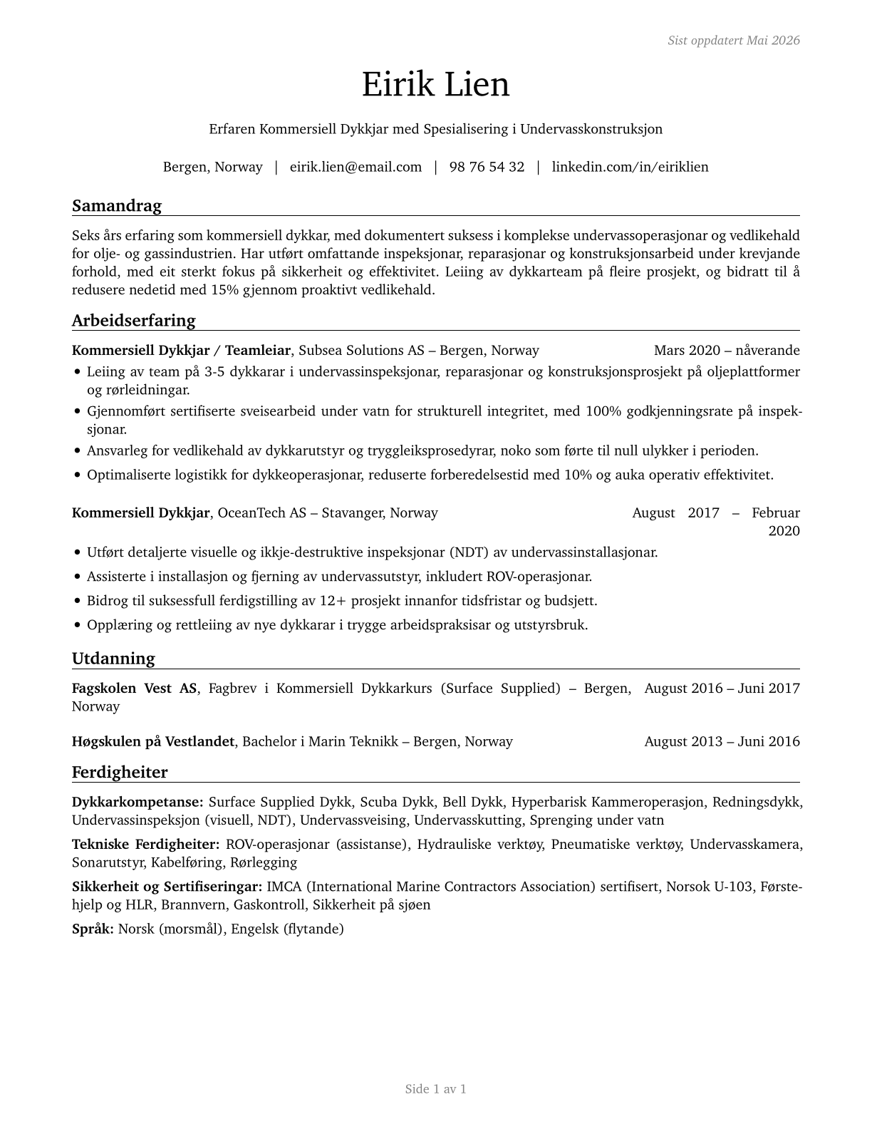 Commercial Divers CV in Norwegian_nynorsk — page 1