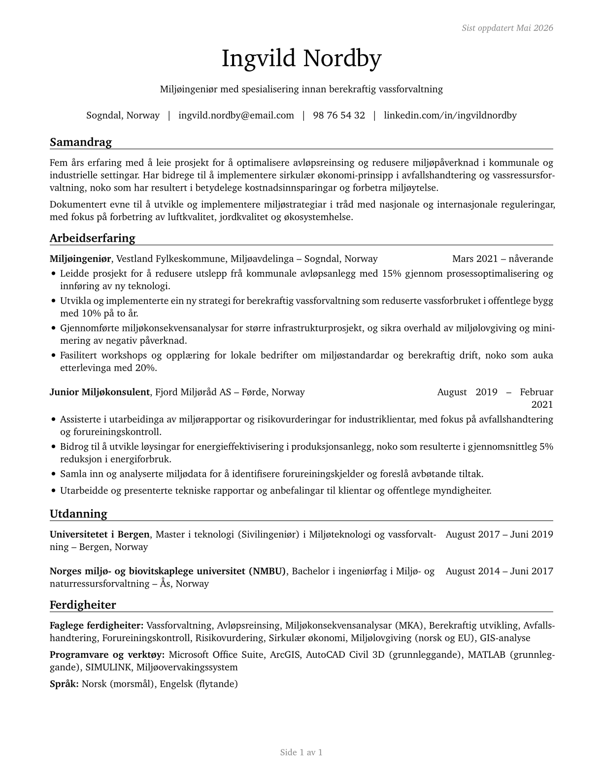 Environmental Engineers CV in Norwegian_nynorsk — page 1