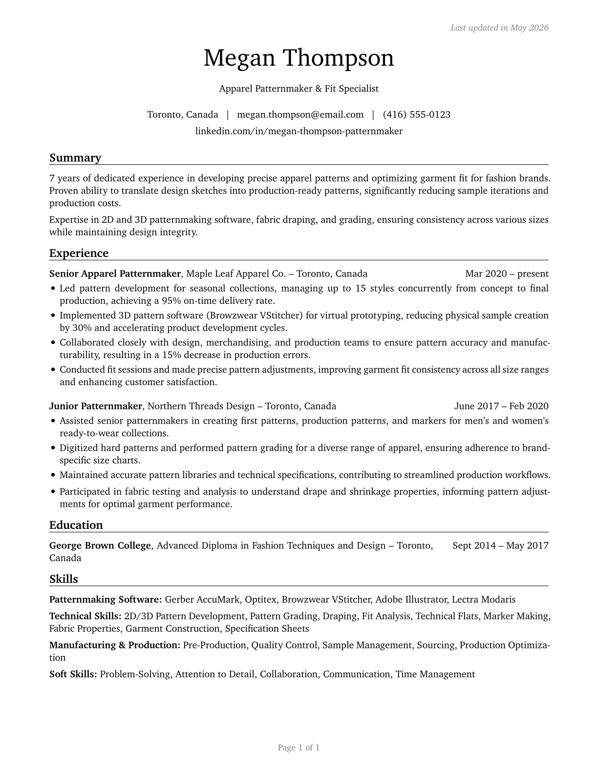 Fabric and Apparel Patternmakers CV in English — page 1