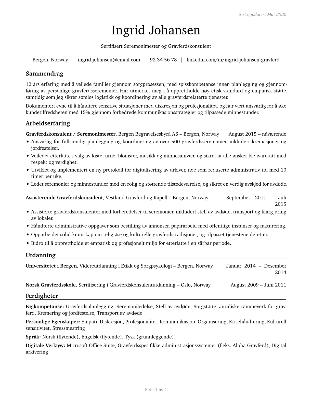 Morticians, Undertakers, and Funeral Arrangers CV in Norwegian_bokmal — page 1