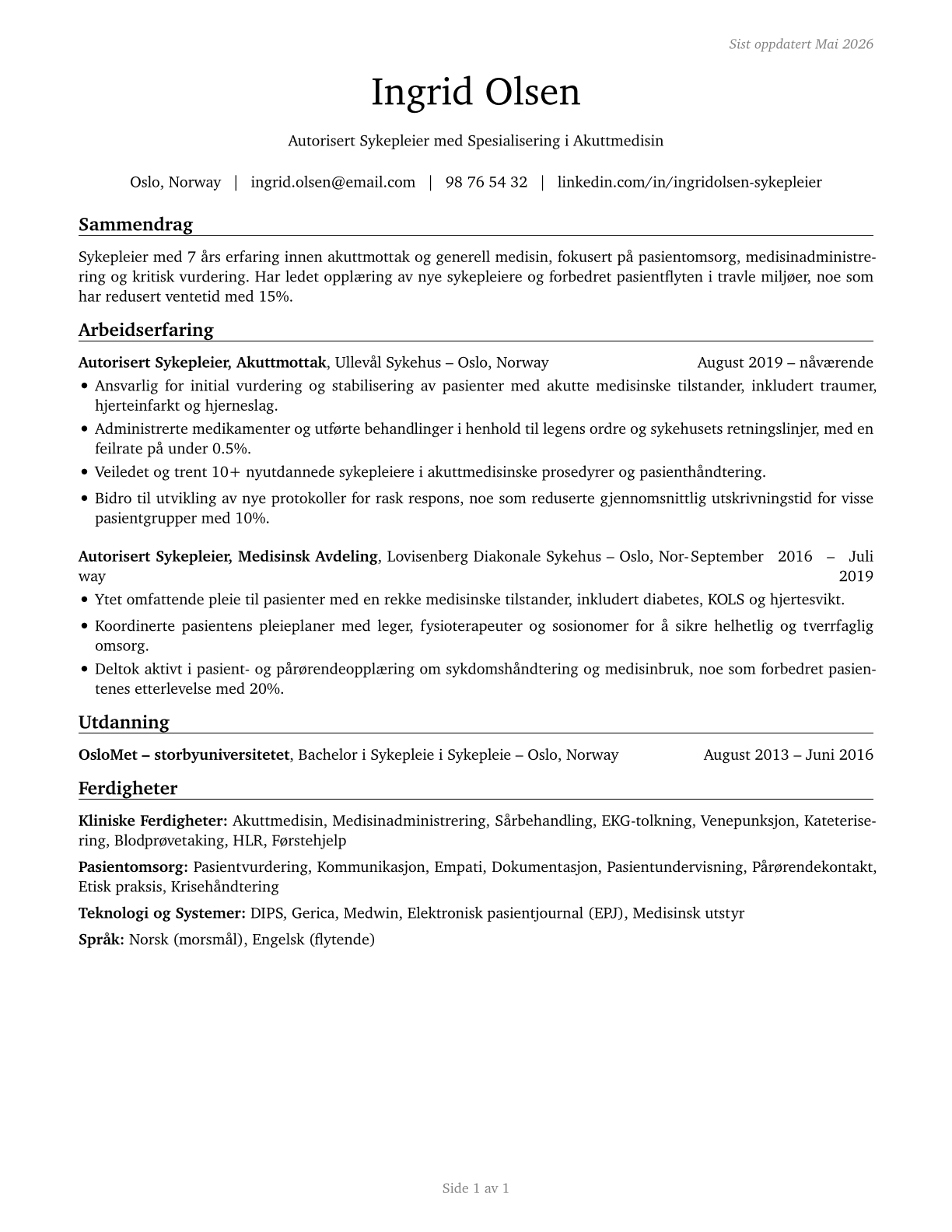 Licensed Practical and Licensed Vocational Nurses CV in Norwegian_bokmal — page 1